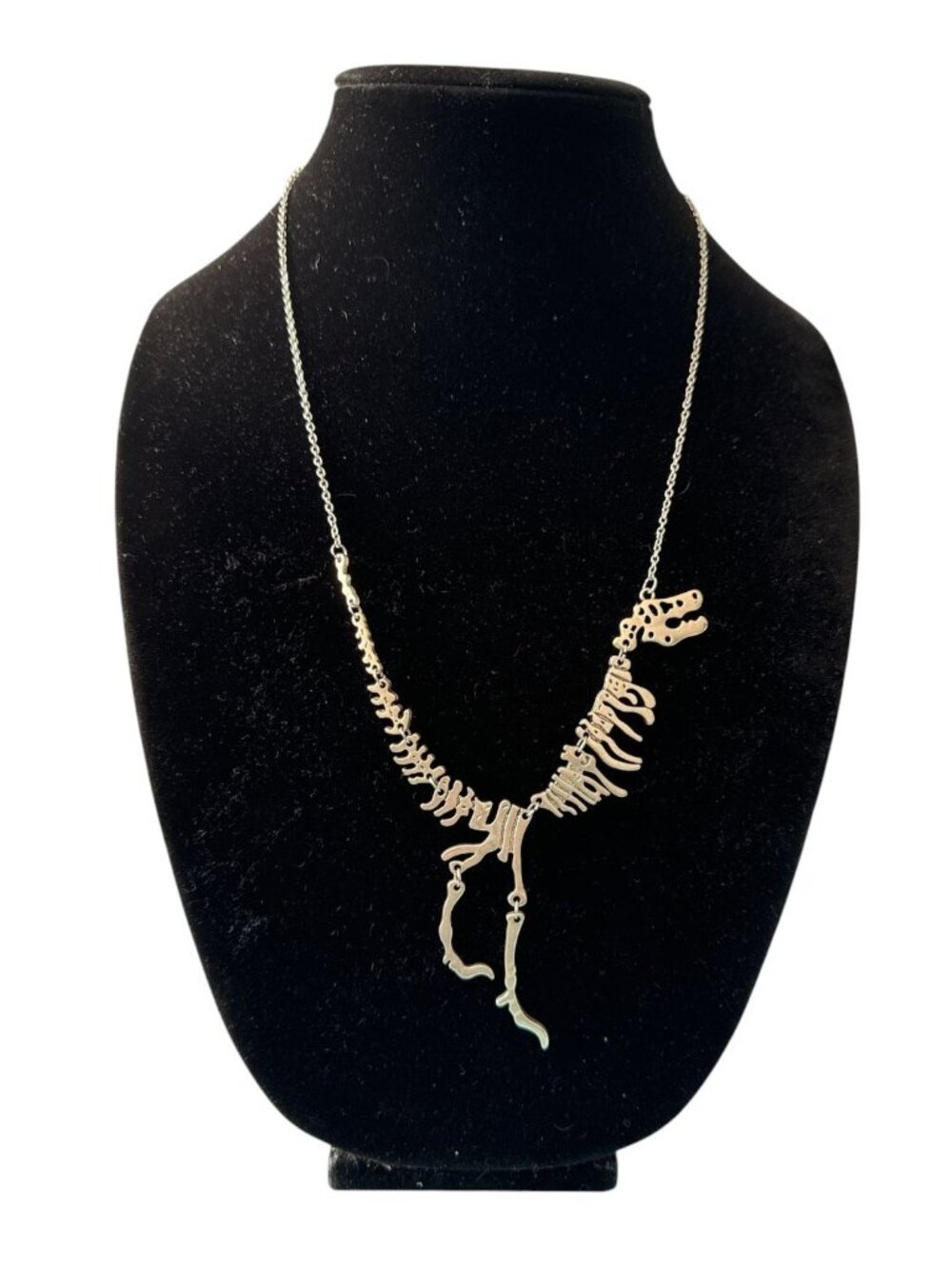 Dinosaur Skeleton Articulated Necklace Silver Tone Adjustable Kinetic Jewelry